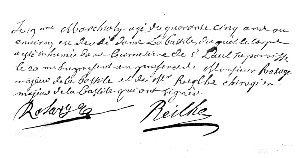 Facsimile of the entry in the Registers of the Church of Saint-Paul at Paris