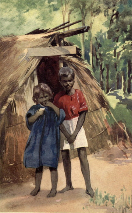 ABORIGINAL CHILDREN AND NATIVE HUT