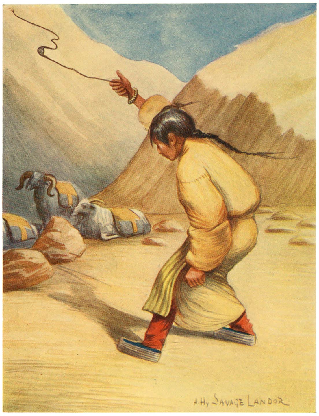 Tibetan Woman using a Sling for throwing Stones