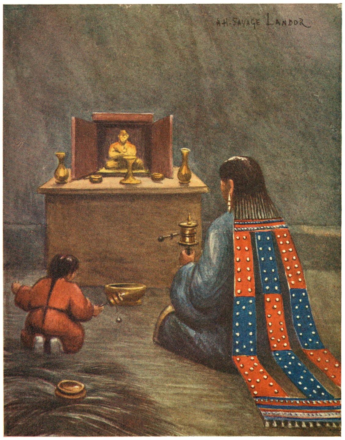 Woman and Child praying before a Shrine inside a Tent