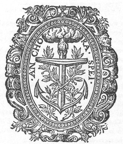 Printer's mark of Richard Field, as shown on the
title-page of the first edition of ShakespeareVenus and Adonis,"
1593, the unique copy of which is in the Bodleian Library, Oxford. A
hand emerging from a cloud upholds the " Anchor of Hope," about which
are twined two laurel branches.