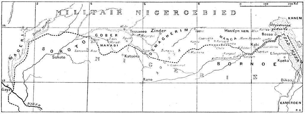 Kaart met aanwijzing van den gang der expeditie Tilho.