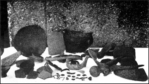ROMANO-BRITISH POTTERY, COINS, HUMAN REMAINS, ETC., WOOKEY HOLE CAVE. Photo by H. E. Balch.