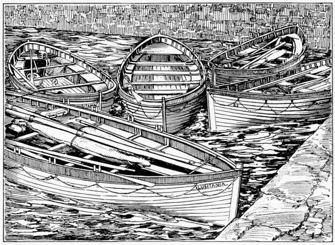 Image unavailable: THE LUSITANIA’S LIFE BOATS IN THE SLIP AT QUEENSTOWN
(From a pen-and-ink drawing after a photograph)