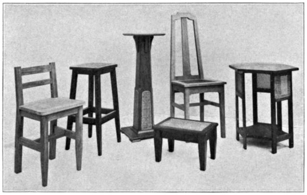 Two chairs, two stools, a table and a stand