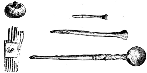 Fig. 210.—Bone Button with iron shank, Fragment of Comb and Pins of Bone and Bronze from Broch of Burray (actual size).
